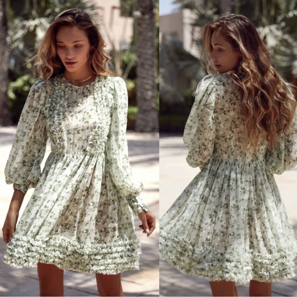 ANNE-LOUISE boutique Floral Ruffle Mini Dress in Light Green Size S